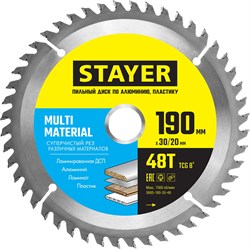 STAYER Multi Material, 190 х 30/20 мм, 48Т, супер чистый рез, пильный диск по алюминию (3685-190-30-48) 3685-190-30-48 - фото 122077