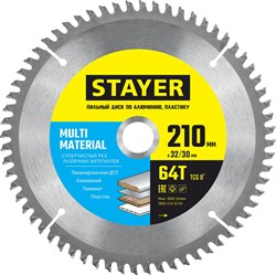 STAYER Multi Material, 210 х 32/30 мм, 64Т, супер чистый рез, пильный диск по алюминию (3685-210-32-64) 3685-210-32-64 - фото 126660