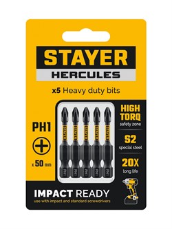 STAYER HERCULES, PH1, 50 мм, 5 шт, торсионные биты (26231-1-50-5) 26231-1-50-5