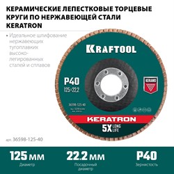 Круг лепестковый керамический торцевой по нержав.стали 125х22.2мм Р40 KRAFTOOL KERAT 36598-125-40 - фото 48662