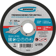 Круг отрезной по металлу, 125 х 2.5 х 22.2 мм Gross 74373